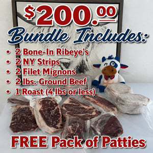 $200 Bundle: Bone-In Ribeye, NY Strip, Filet Mignon, Ground Beef, Roast, FREE Patties